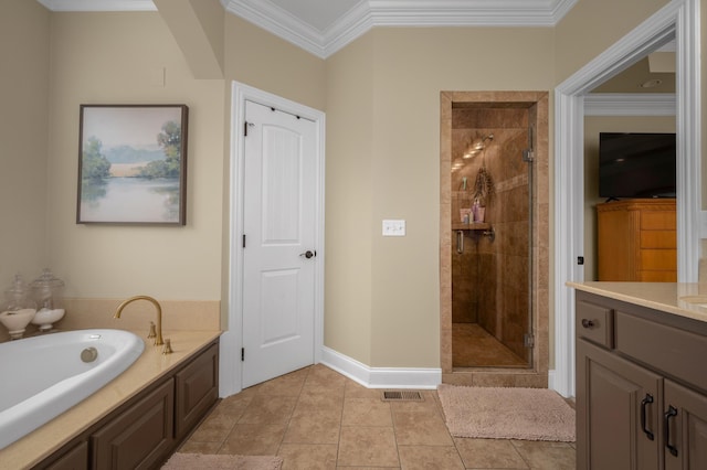 bathroom featuring tile patterned floors, vanity, plus walk in shower, and ornamental molding