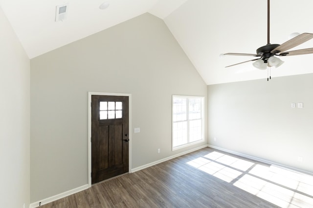 entryway with ceiling fan, high vaulted ceiling, and wood-type flooring