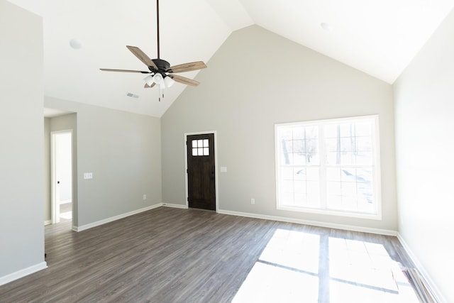 interior space with ceiling fan, high vaulted ceiling, and dark hardwood / wood-style floors