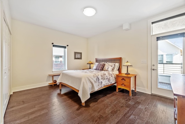 bedroom with multiple windows, a closet, dark wood-type flooring, and access to exterior