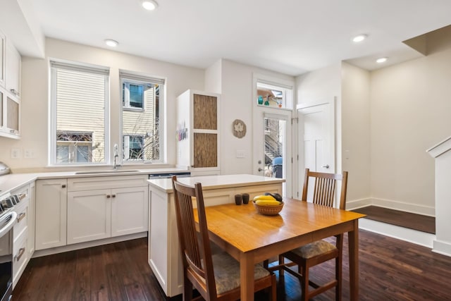 dining space with dark hardwood / wood-style flooring and sink