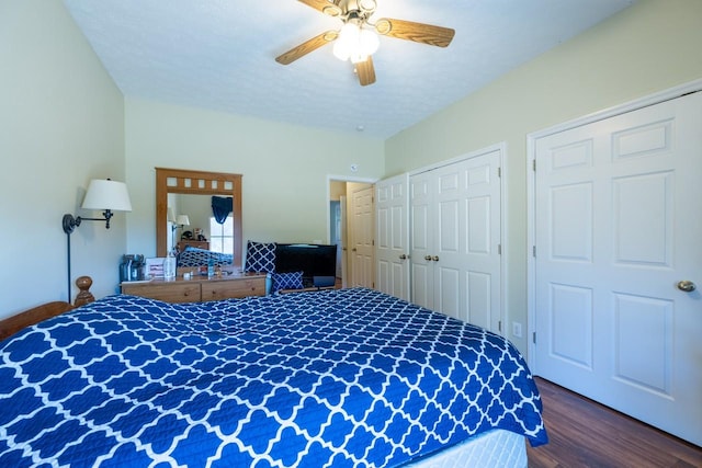 bedroom with ceiling fan, two closets, a textured ceiling, and dark hardwood / wood-style floors