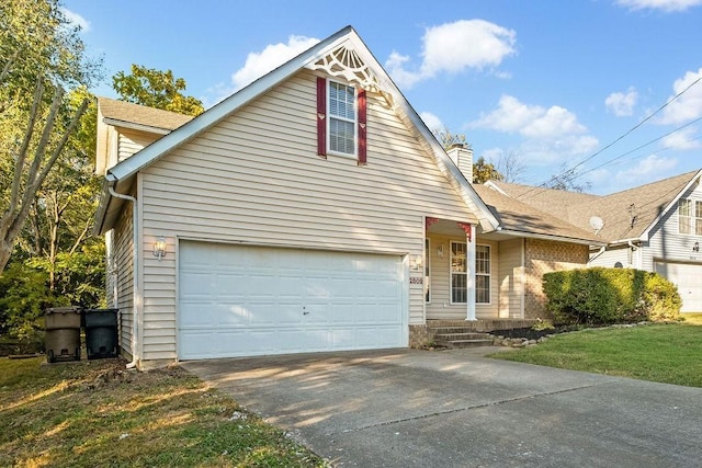 view of front facade featuring a front yard and a garage