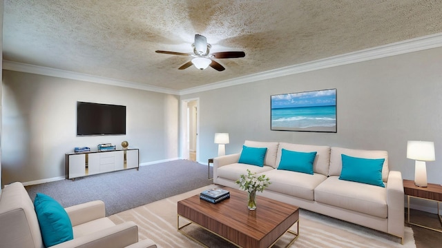 living room featuring ceiling fan, a textured ceiling, light carpet, and crown molding