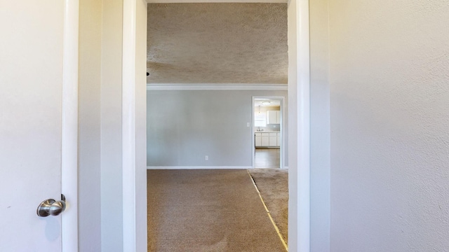 corridor featuring crown molding, a textured ceiling, and carpet floors