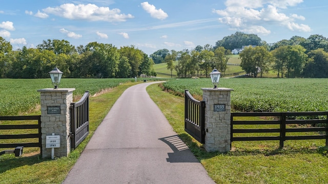 view of property's community with a rural view and a yard