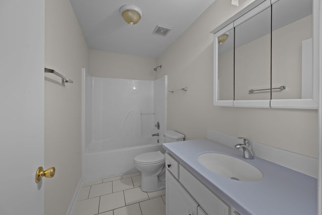 full bathroom featuring shower / tub combination, vanity, toilet, and tile patterned floors