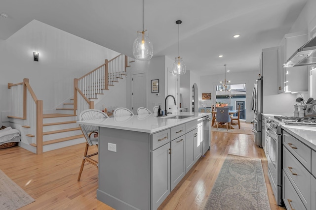 kitchen with sink, stainless steel appliances, pendant lighting, gray cabinets, and a center island with sink