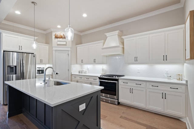 kitchen featuring premium range hood, decorative backsplash, sink, white cabinetry, and appliances with stainless steel finishes