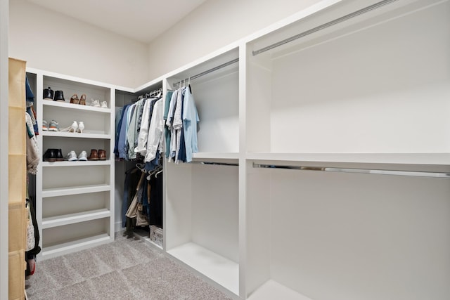 walk in closet featuring light carpet