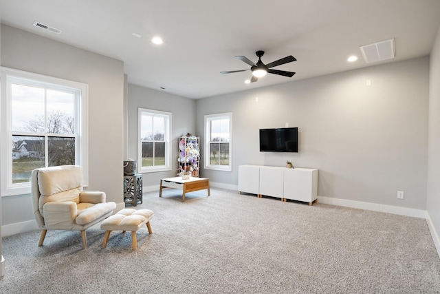 interior space featuring ceiling fan, carpet floors, and a healthy amount of sunlight