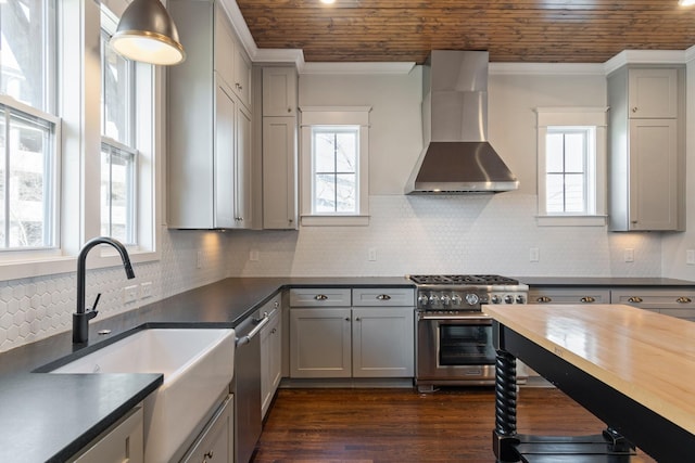 kitchen with appliances with stainless steel finishes, gray cabinets, wall chimney exhaust hood, and wood ceiling