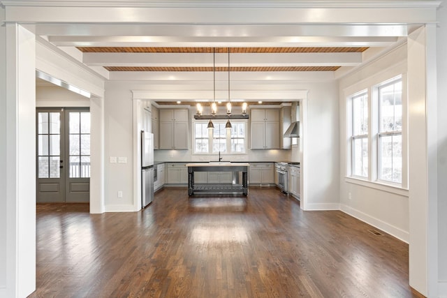 kitchen with gray cabinetry, french doors, hanging light fixtures, appliances with stainless steel finishes, and beamed ceiling