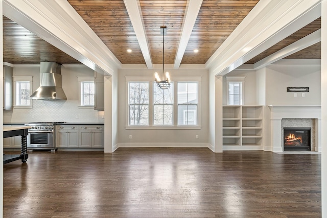 unfurnished living room featuring beamed ceiling, a healthy amount of sunlight, wood ceiling, and dark wood-type flooring