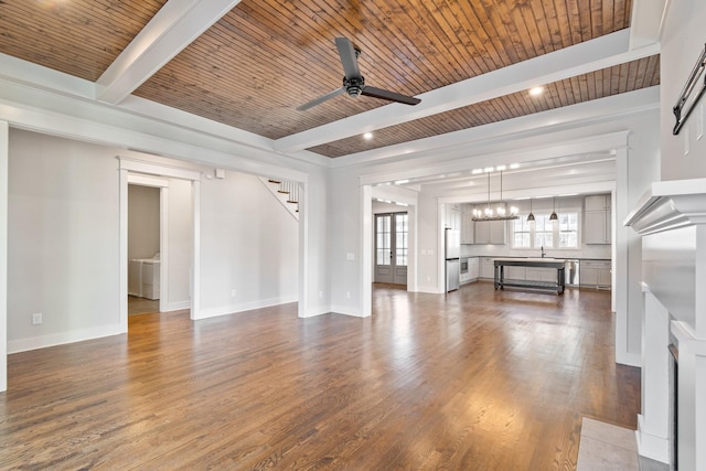 unfurnished living room with beam ceiling, ceiling fan, sink, wooden ceiling, and dark hardwood / wood-style floors