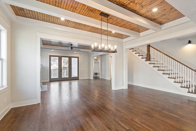 unfurnished living room featuring french doors, wood ceiling, ceiling fan with notable chandelier, dark wood-type flooring, and beamed ceiling