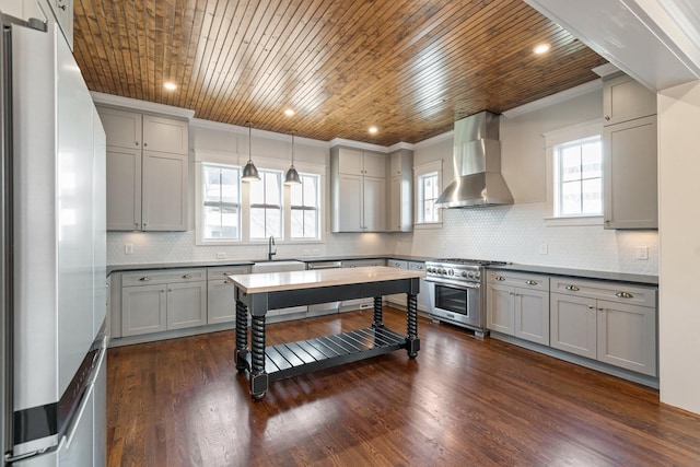 kitchen featuring appliances with stainless steel finishes, wall chimney exhaust hood, and gray cabinetry