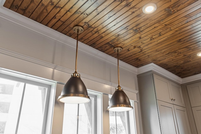 interior details with crown molding and wood ceiling