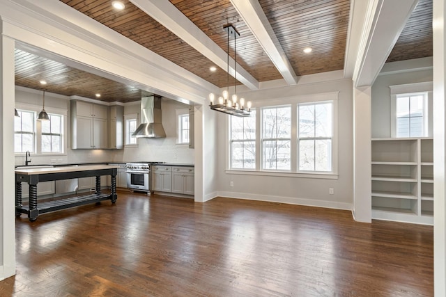 interior space featuring high end range, wall chimney exhaust hood, wooden ceiling, and decorative light fixtures