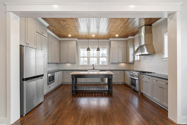 kitchen featuring dark hardwood / wood-style flooring, stainless steel appliances, gray cabinets, and wall chimney exhaust hood