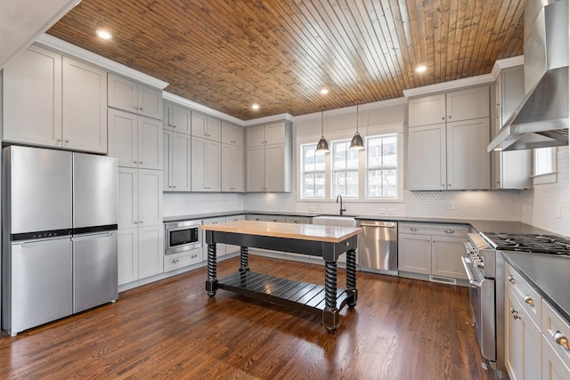 kitchen with wall chimney exhaust hood, wooden ceiling, dark wood-type flooring, decorative light fixtures, and appliances with stainless steel finishes