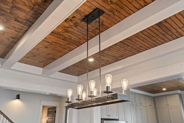 room details with beam ceiling, wooden ceiling, and a notable chandelier