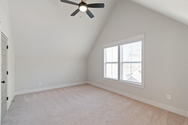 bonus room featuring light carpet, ceiling fan, and lofted ceiling