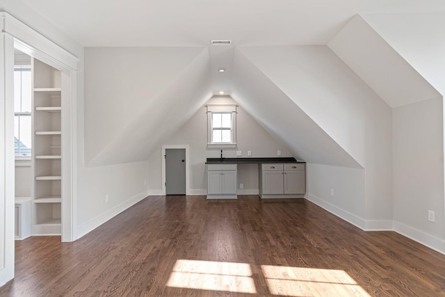 bonus room featuring dark hardwood / wood-style floors, built in features, sink, and vaulted ceiling