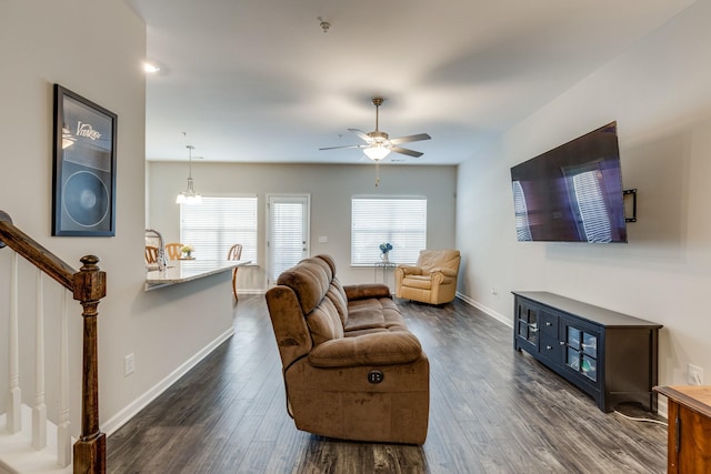 living room featuring ceiling fan with notable chandelier and dark hardwood / wood-style floors