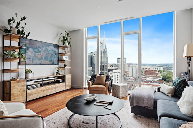 living room featuring floor to ceiling windows and wood-type flooring