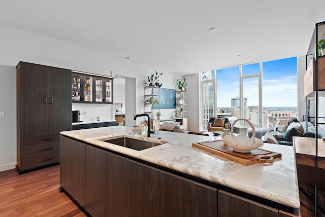 kitchen featuring light wood-type flooring, light stone counters, floor to ceiling windows, dark brown cabinetry, and sink