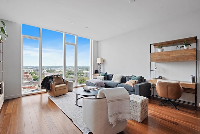 living room featuring hardwood / wood-style flooring and expansive windows