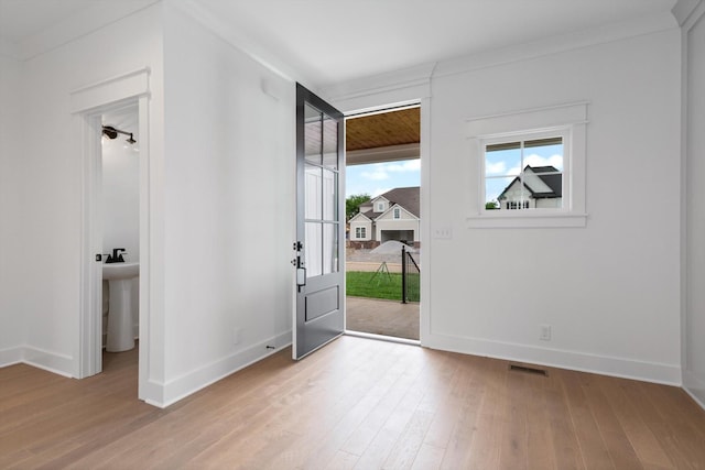 foyer featuring light hardwood / wood-style flooring, ornamental molding, and sink