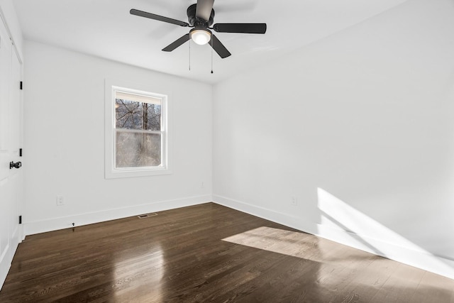 empty room featuring dark hardwood / wood-style floors and ceiling fan