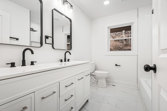 full bathroom with vanity, shower / bathtub combination, and toilet