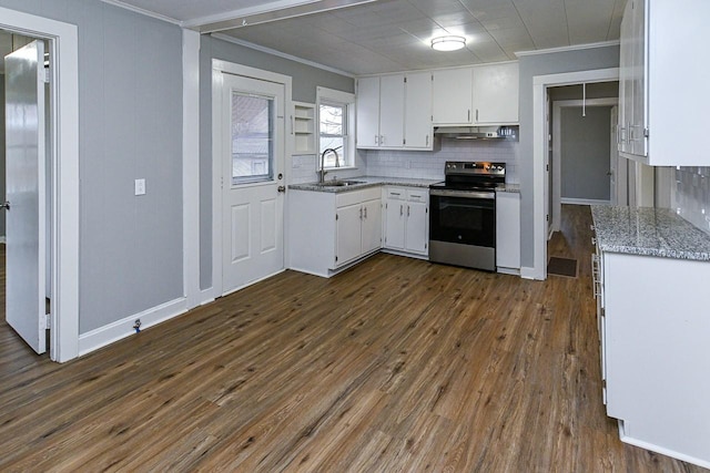 kitchen featuring white cabinets, light stone countertops, stainless steel electric stove, and dark wood-type flooring