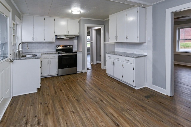 kitchen with tasteful backsplash, stainless steel electric range oven, sink, and white cabinets