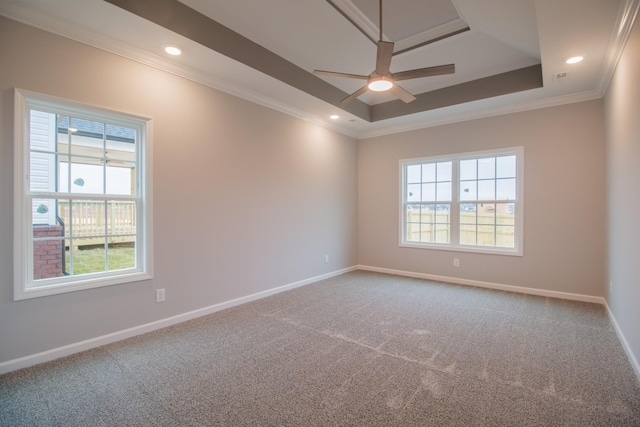 empty room with ceiling fan, a tray ceiling, crown molding, and a healthy amount of sunlight