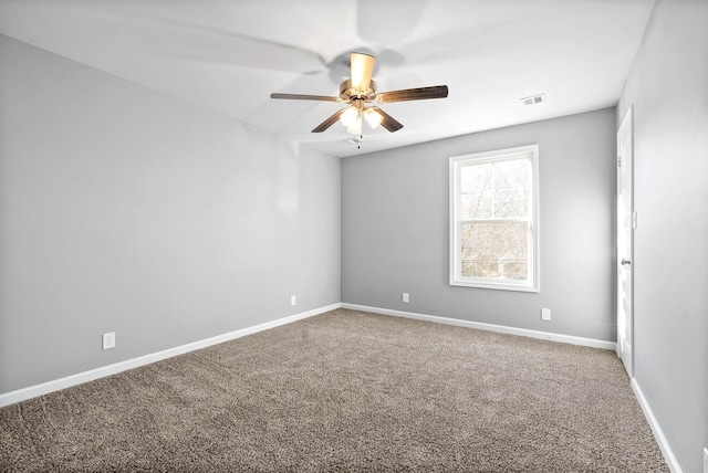 spare room with ceiling fan and carpet