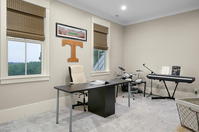 office space with light carpet and ornamental molding