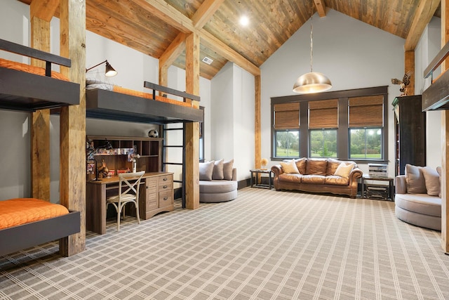 carpeted living room featuring high vaulted ceiling, wooden ceiling, and beamed ceiling