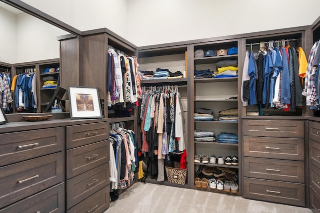 walk in closet featuring light carpet