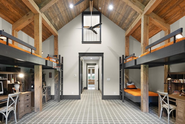 interior space featuring high vaulted ceiling and wooden ceiling