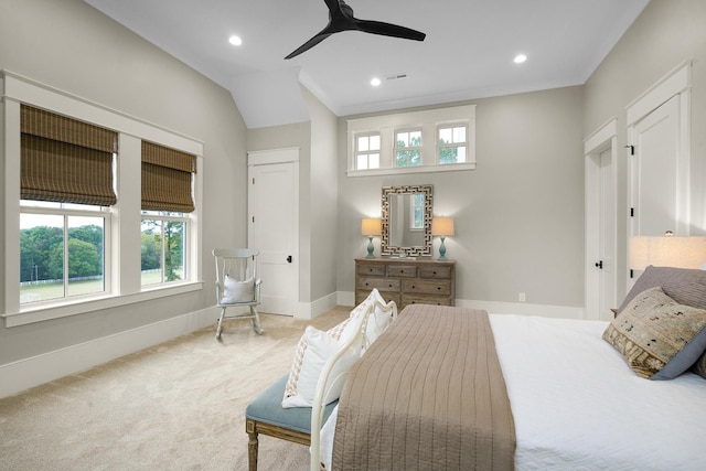 bedroom with ceiling fan and carpet