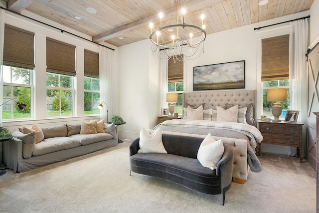 bedroom with wood ceiling, a chandelier, carpet floors, and beamed ceiling