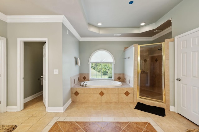 bathroom featuring ornamental molding, tile patterned flooring, and shower with separate bathtub