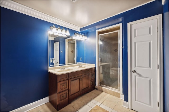 bathroom featuring crown molding, vanity, an enclosed shower, and tile patterned floors