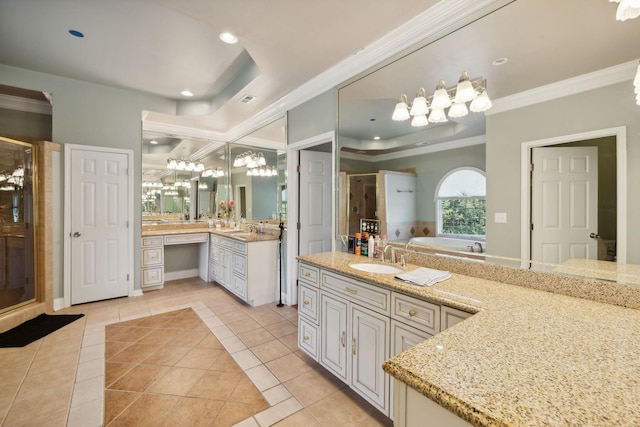 bathroom with vanity, tile patterned flooring, crown molding, and separate shower and tub