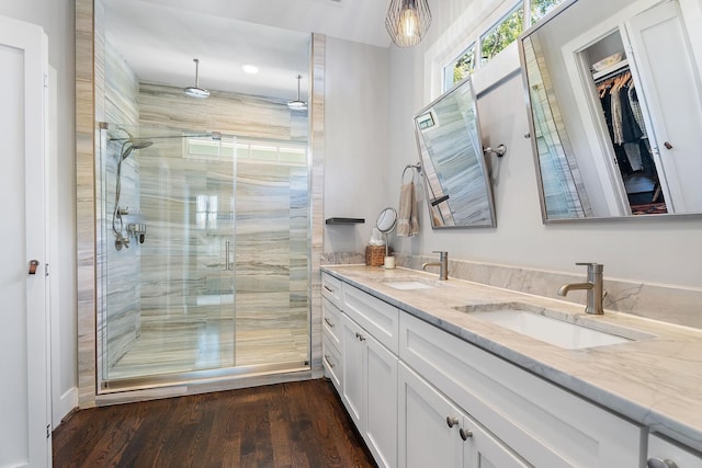 bathroom featuring hardwood / wood-style flooring, a shower with shower door, and vanity