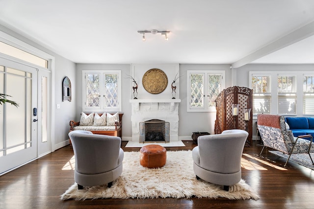 living room with a fireplace and dark wood-type flooring